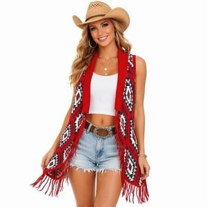 Cato Aztec Tribal Fringe Sweater Vest Womens L Western Boho Festival Cowgirl